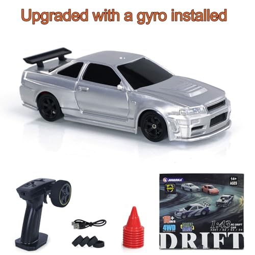 1/43 Scale RC Drift Race Vehicle Gyro 4WD Ready to Go Mini Remote Control Car High Speed Model RTR Racing Car Gift(Silver Gray) - color: Silver Grey