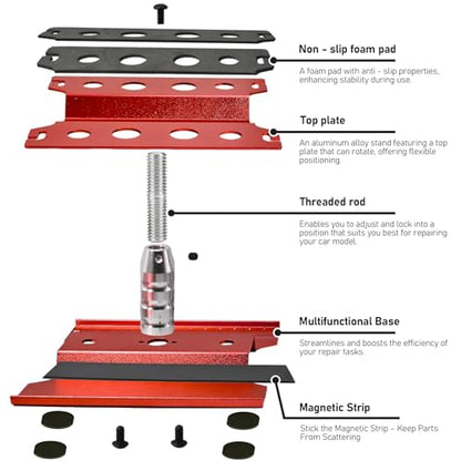 RC Car Work Stand Adjustable Height Lift Lower 360° Rotation Aluminum RC Repair Stand & Small Screw Tray Fit for 1/8 1/10 1/12 1/14 For Traxxa Axial Arrma Redcat RC Crawler Monster Truck Buggy（Red） - color: Red