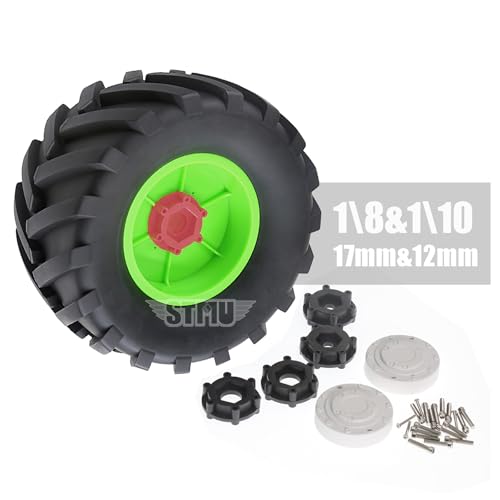 RC Monster Truck Tires and 17mm&14mm Hex Wheels Rims Rubber Buggy Tyres for 1/8&1/7 Scale Off Road Truck Car Kaiju Tmaxx E-Revo 3.3 Arrma Kraton 6S Typhon 3S HPI Redcat Traxxas Maxx (Green) - color: Green