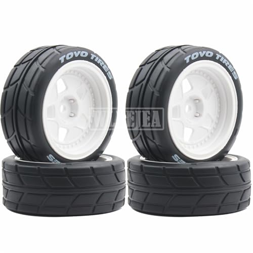 4PCS RC 1/10 On-Road Tires 65mm RC Rubber Tires w/Plastic Wheel Rim 12mm Hex Fit for 1/10 RC On-Road Rally Car HPI Tamiya TT01 TT02 Kyosho Wltoys 144001 - color: White 3