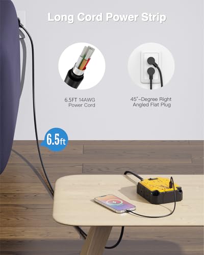 8-Outlets Magnetic Heavy Duty Power Strip, 6.5 Ft Extension Cord | 15 Amps/1200 Joules, Multi-Plug with 4 USB Ports (2 USB-C) for Workshop Garage Industrial, Yellow
