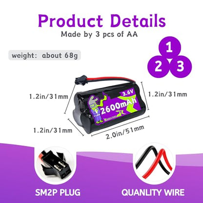 3.6V 2600mAh 1+2 Triangle Sharp Ni-MH Rechargeable Battery with SM-2P Plug(black),Fit for Unitech 0253799 ANIC1566 ELBB001 Lithonia EU2C M6 Emergency/Exit Light/Fire Exit Sign with Charger（3*AA）