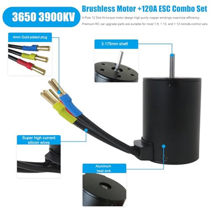 2026 Upgrade 3650 3900KV Brushless Motor +120A ESC Combo Set for 1/10 1/8 RC Car Accessories