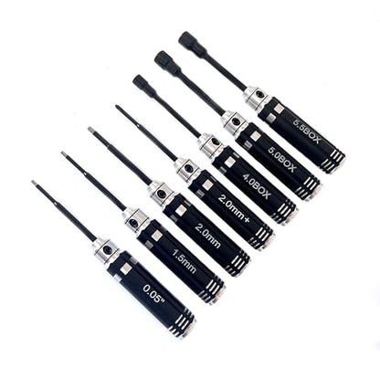 Mini RC Hex Screwdriver Nut Driver Set 7pcs for 1/18 1/24 TRX4M SCX24 FCX24 | 7 tools: 1.27/1.5/2.0mm hex, 4.0/5.0/5.5mm nut drivers, Phillips 2.0mm. Aluminum handles, steel bits. For TRX4M SCX24 FCX24.