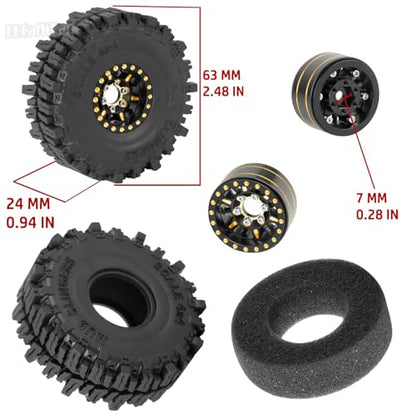 Brass 1.0 Beadlock Wheels Tires for RC Crawler Car 1/18 TRX4M,1/24 SCX24,RC Brass 1.0 in Truck Tires,7mm Hex Wheels Rims and Rubber Tires w/Sponge,4pcs