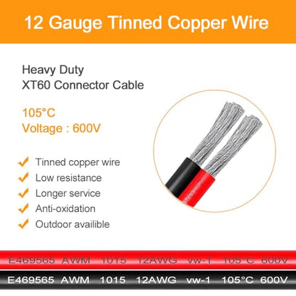 GRZWAYS 2 Pairs XT60 Plug Female and Male Connector with 12AWG Wire for RC Lipo Battery Cable Drone Car Boat