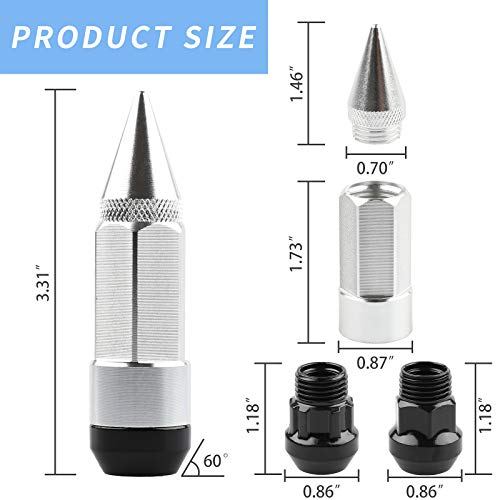 20Pcs Anti Theft Spikes Extended Tuner Wheel/Rims Lug Nuts with Wheel Locks M12X1.5+Socket (Silver) - color: Silver