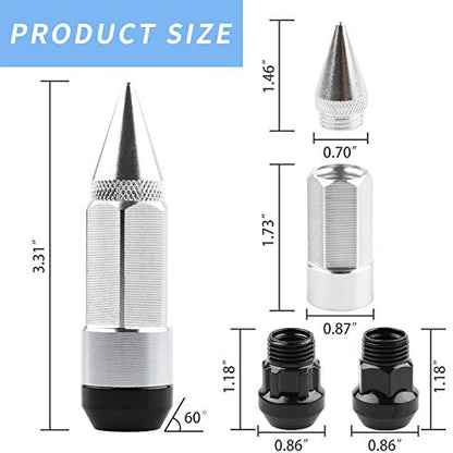 20Pcs Anti Theft Spikes Extended Tuner Wheel/Rims Lug Nuts with Wheel Locks M12X1.5+Socket (Silver) - color: Silver