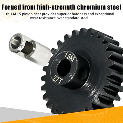 M1.5 27T Pinion Gear 8mm Bore with 8mm to 5mm Shaft Adapter Sleeve, Chromium Steel Motor Gear with Set Screw & Hex Key for Traxxas ARRMA Losi 1/5 1/8 RC Cars - size: 27T