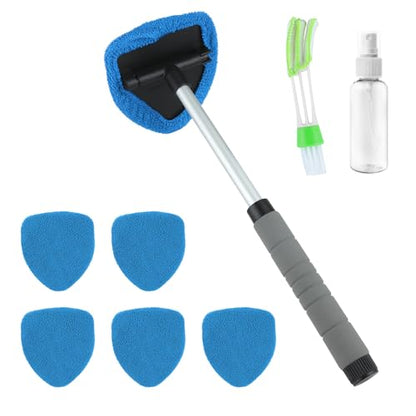8 Pcs Car Window Cleaner Kit Triangle Shape Include Windshield Cleaning Tool with Extendable Handle 5 Microfiber Bonnets 1 Car Ventilation Brush 1 Empty 50ml Spray Bottle Glass Wiper Kits, Blue - color: Blue