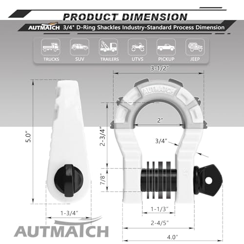 AUTMATCH D Ring Shackles 3/4" Mega Shackle (2 Pack) 68,000Ibs Break Strength - Heavy Duty Clevis Shackles with 7/8" Screw Pin and Isolator Washer for Tow Strap Winch Off Road Vehicle Recovery, White - color: White & Black