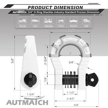 AUTMATCH D Ring Shackles 3/4" Mega Shackle (2 Pack) 68,000Ibs Break Strength - Heavy Duty Clevis Shackles with 7/8" Screw Pin and Isolator Washer for Tow Strap Winch Off Road Vehicle Recovery, White - color: White & Black