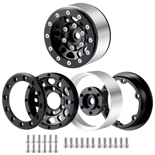 RCLIONS 1.55inch Aluminium Beadlock Wheels Rims for Axial UTB18 D90 TF2 CC01 AX90069 MST JIMNY 1/10 RC Crawler Trail Truck Car Upgrade Parts (Black) - color: Black