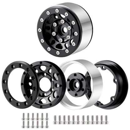 RCLIONS 1.55inch Aluminium Beadlock Wheels Rims for Axial UTB18 D90 TF2 CC01 AX90069 MST JIMNY 1/10 RC Crawler Trail Truck Car Upgrade Parts (Black) - color: Black