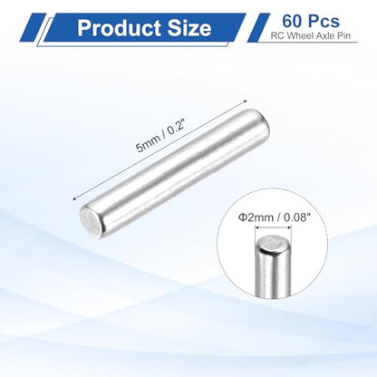 MECCANIXITY 60 Pack Dowel Pin Wheel, 2x5mm Steel Hex Wheel Hub Nut Pin Replacement for DIY RC Car Truck Boat Helicopter Model Part, Silver - size: 2x5mm