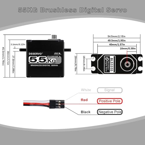 55KG Brushless Servo, BLS3355 High Torque IP67 Waterproof Steering Digital RC Servo for 1/8 1/10 RC Car Crawler Truck Buggy Boat Plane Robot 270 Degree (All Metal Shell)