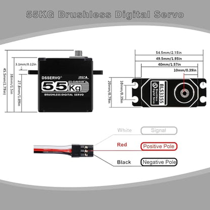 55KG Brushless Servo, BLS3355 High Torque IP67 Waterproof Steering Digital RC Servo for 1/8 1/10 RC Car Crawler Truck Buggy Boat Plane Robot 270 Degree (All Metal Shell)