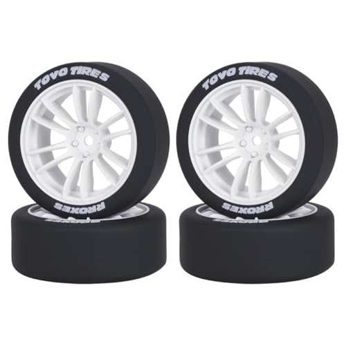 1/10 RC Drift Wheels and Tires Set, 12 Spoke On-Road Touring Car Wheel Tire Combo, 12mm Hex Drift Tires for RC Drift Car, 4PCS (White) - color: White