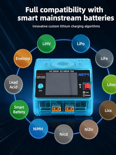 HOTA D6 Pro Lipo Battery Charger,Dual Channel 15A AC200W DC650W Smart Balance Charger with Wireless Charging Panel USB Output for 1-6S LiPo LiHV NiMH Pb Batteries RC Car Boat FPV (Transparent Blue) - color: Transparent Blue