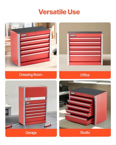 VEVOR Metal Tool Box, 8.6-inch, Portable Metal Tool Box with 5 Drawers, Small Tool Chest with EVA Liners and PP Feet Pads, Heavy-Duty Steel With Ball Bearing Opening and Powder Coated Finish, Red - size: 5 Drawers-Red