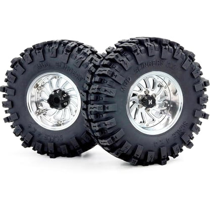 124mm Tall 2.2 Mud Slingers Tires & 2.2 Beadlock Wheels Adjustable Offset 40mm Wide Rims for RC Crawler Trail SCX10 Everest 10 Capra Wraith Upgrades,HS701582 - color: Silver