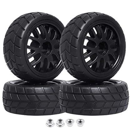 Pre-Glued OD 2.56" 12mm Hex Wheels Rims & Rubber Tires 26mm for 1/10 Scale On Road Racing Car Drift RC Touring Car, Set of 4 (Color F) - color: Color F