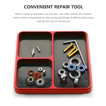 Magnetic Parts Tray, Aluminium Alloy RC Screws Organizer with Magnetic Pad, Automotive Small Tool Tray Electronic Repair Screws Holder for Sockets Bolts Pins, Car Accessories (Red) - color: Red