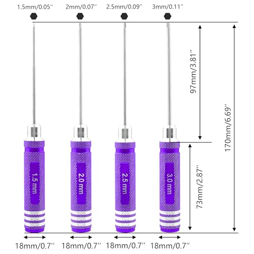 4 Pieces Hex Screw Driver Set 1.5mm 2.0mm 2.5mm 3.0mm Allen Wrench Keys Screwdriver Kit RC Repair Tools for Traxxas RC Car Drone Multi-Axis Helicopter Arrma Axial Losi Redcat Racing (Purple) - color: Purple