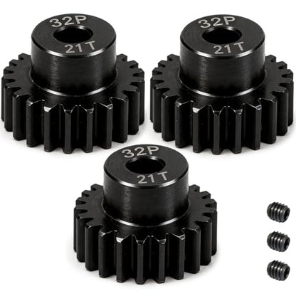 32P 21T RC Car Gear Set | 45# Steel Black Oxide | 5mm Bore +0.03mm | Precision Engineered Motor Pinion Gear Compatible with Traxxas/ARRMA/HPI/Kyosho (3-Pack with M4 Set Screws) - style: 3Pcs 21T
