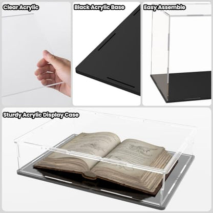 Acrylic Display Case for Books and Medals, Versatile Clear Acrylic Display Box with Black Base for Badges, Coins and Cards, 10.6x8x2.4-inch - size: 10.6"L x 8"W x 2.4"H