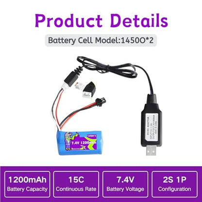 7.4V 1200mAh SM2P/Mini Tamiya 15C Battery for SYMA Q14 RC Boat,Airsoft Gun Water Ball Gun,for WPL C24 Crawler RC Car, C24-1 Off-Road Truck, LC80 Vehicle, FJ40 Climbing Car with Charger