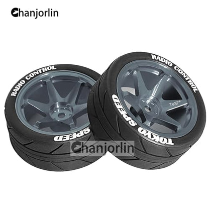 1/10 On Road Tires And Aluminum Wheels 12mm Hex RC Rally Racing Tyres OD 2.56" For Tamiya TT01 TT02 XV01 TA06 A959 PTG2 HPI KYOSHO PTG2 Traxxas 1:10 Street Touring Drift Car 4PCS (Titanium) - color: Titanium