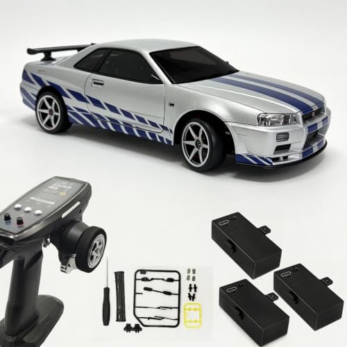LD1899 GTR R34 1/18 RWD RC Drift Car with 3 Batteries (Silver) | 2.4GHz RWD Drift Car With Gyro,LED Lights & 3 Batteries Silver - color: Gtr R34 Silver With 3 Batteries