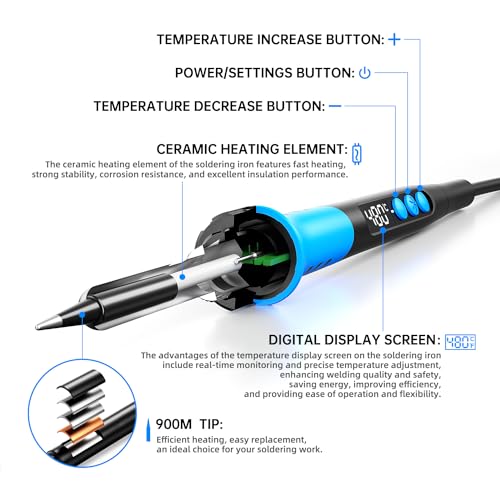 Soldering Iron Kit, 90W 110V LCD digital soldering gun，12-in-1 Soldering Iron Kit Tool，Temperature adjustable from 180-480°C，5 soldering tips，soldering wire，soldering paste，soldering pump - color: Sky Blue