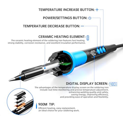 Soldering Iron Kit, 90W 110V LCD digital soldering gun，12-in-1 Soldering Iron Kit Tool，Temperature adjustable from 180-480°C，5 soldering tips，soldering wire，soldering paste，soldering pump - color: Sky Blue