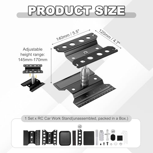 MECCANIXITY 1 Set RC Car Work Stand Lift Lower Aluminum Repair Workstation 360 Degree Rotation with Black Screw Tray for 1/8 1/10 1/16 Scale RC Car Crawler Truck Vehicle (Black) - color: Black