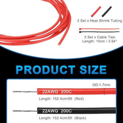 MECCANIXITY 22 Gauge Silicone Electrical Wire Cables, 22 AWG 5ft Black and 5ft Red Electrical Wires High Temp 600V 200C Flexible Stranded Tinned Copper Wires Automotive Cable with Accessories - size: 22 Gauge 2m/5ft