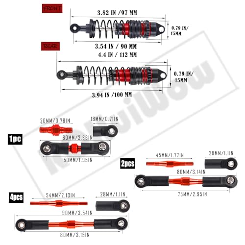 RC Shocks & Adjustable Turnbuckles Upgrades Part for 1/10 Slash Stampede Rustler Bandit VXL 4X4,Aluminum Front Rear 4PCS Shocks Absorber & 7PCS Turnbuckles Camber Link,Red