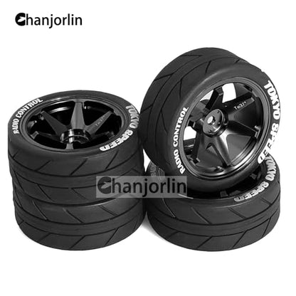 1/10 On Road Tires and Aluminum Wheels 12mm Hex RC Rally Racing Tyres OD 2.56" for Tamiya TT01 TT02 XV01 TA06 A959 PTG2 HPI KYOSHO PTG2 Traxxas 1:10 Street Touring Drift Car 4PCS (Black) - color: Black