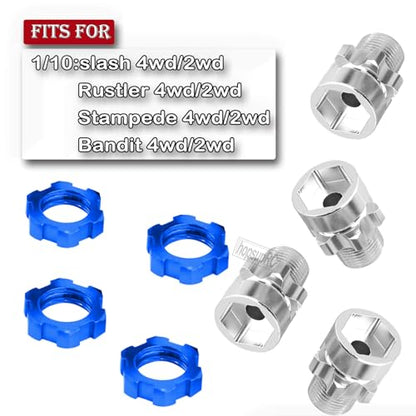 Upgrades Part for 1/10 Slash Rustler Stampede Bandit 4wd 2wd,Aluminum Hex Hub Adapters 12mm to 17mm W/10mm Offset & Splines Wheel Wrench for Model Hops Up,Black with Silver