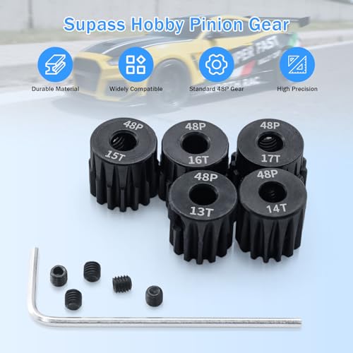 Surpass 48P Pinion Gear Set Hardened 13T 14T 15T 16T 17T Pinion Gear 3.175mm Inner Hole fit for 1/10 RC Car with Screwdriver (5pack) - size: 13T 14T 15T 16T 17T