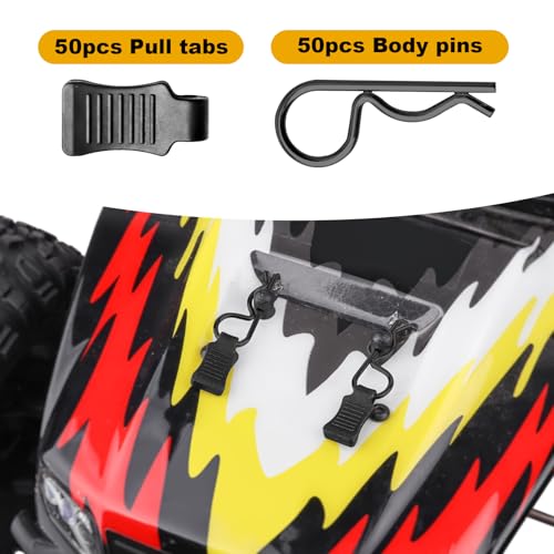 HobbyPark 50pcs Universal RC Car Body Clips w/Pull Tabs Black R Pins for 1/10 Scale Traxxas Arrma Axial Losi & All 1/8 Redcat HPI HSP Exceed Truck Buggy Shell Replacement Parts - size: 1.4mm Rod Black Clips and Tabs