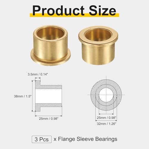 uxcell 3Pcs Flange Sleeve Bearings, 25mm Bore x 32mm OD x 25mm Length, Self-Lubricating Sintered Bronze Bushings - size: 25mm Bore x 32mm OD x 25mm Length