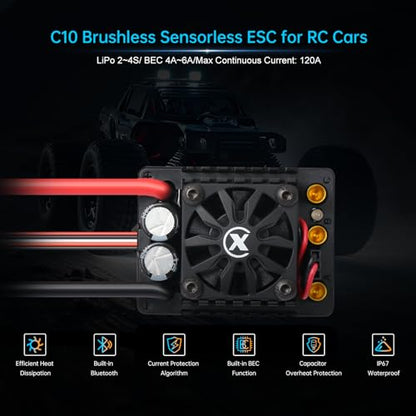 XC C10 Sensorless Brushless ESC for 1/10 RC Car,2-4S 120A | Bluetooth APP Programming,6.0V/7.4V/8.4V BEC,IP67,Multiple protection - style: XT 60