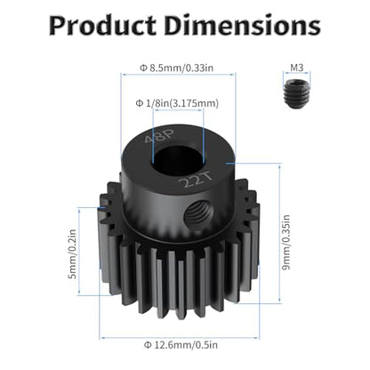Pinion Motor Gear, 48P 22T, 1/8 in (3.175mm) Shaft Hole | 48 Pitch 22 Teeth, 1045 Hardened Carbon Steel, 1/8 Inch Shaft Hole, RC Motor Pinion Upgrade, for 1/10 RC Brushless Crawler - size: 48P 22T