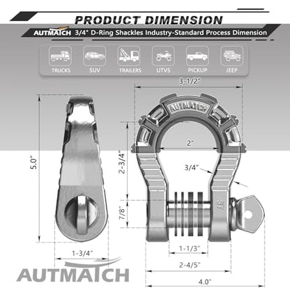 AUTMATCH D Ring Shackles 3/4" Mega Shackle (2 Pack) 68,000Ibs Break Strength - Heavy Duty Clevis Shackles with 7/8" Screw Pin and Isolator Washer for Tow Strap Winch Off Road Vehicle Recovery, Silver - color: Silver