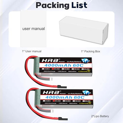 HRB 2PCS 3S 4000mAh Lipo Battery 60C TR 11.1V Compatible with RC Plane