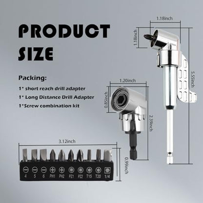 2PCS 105° Right Angle Drill Attachment & 25mm Screwdriver Bits Kit,Hex Magnetic 90 Degree Drill Attachment for Tight Space Repair,Universal Right Angle Drills Adapter