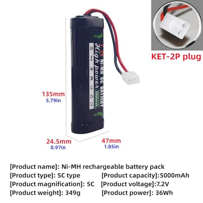 sea jump 2PCS 7.2V 5000mAh NiMH Battery with KET-2P Plug and USB Charger Suitable for RC Truggy Buggy Tank Racing Remote Control Car Truck High-Power Battery with Tamiya Connector