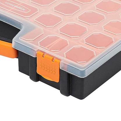 Amazon Basics 19-Removable Compartment Small Parts Organizer, Portable Hardware Storage Box with Customizable Compartments, Black, Orange, 16.5 x 13.2 x 2.4 inches (Pack of 8) - size: 16.5 x 13.2 x 2.4 inches (Pack of 8)